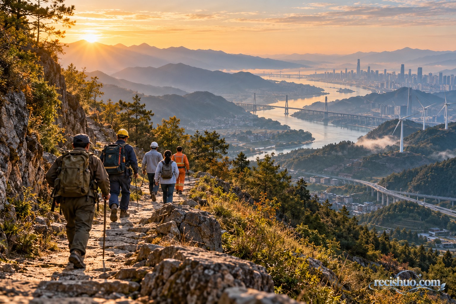 建设者沿着晨光中的山路走向现代城市与桥梁