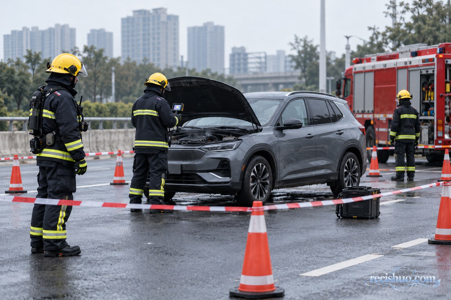 消防人员在警戒区域内检测一辆无品牌SUV的安全状态