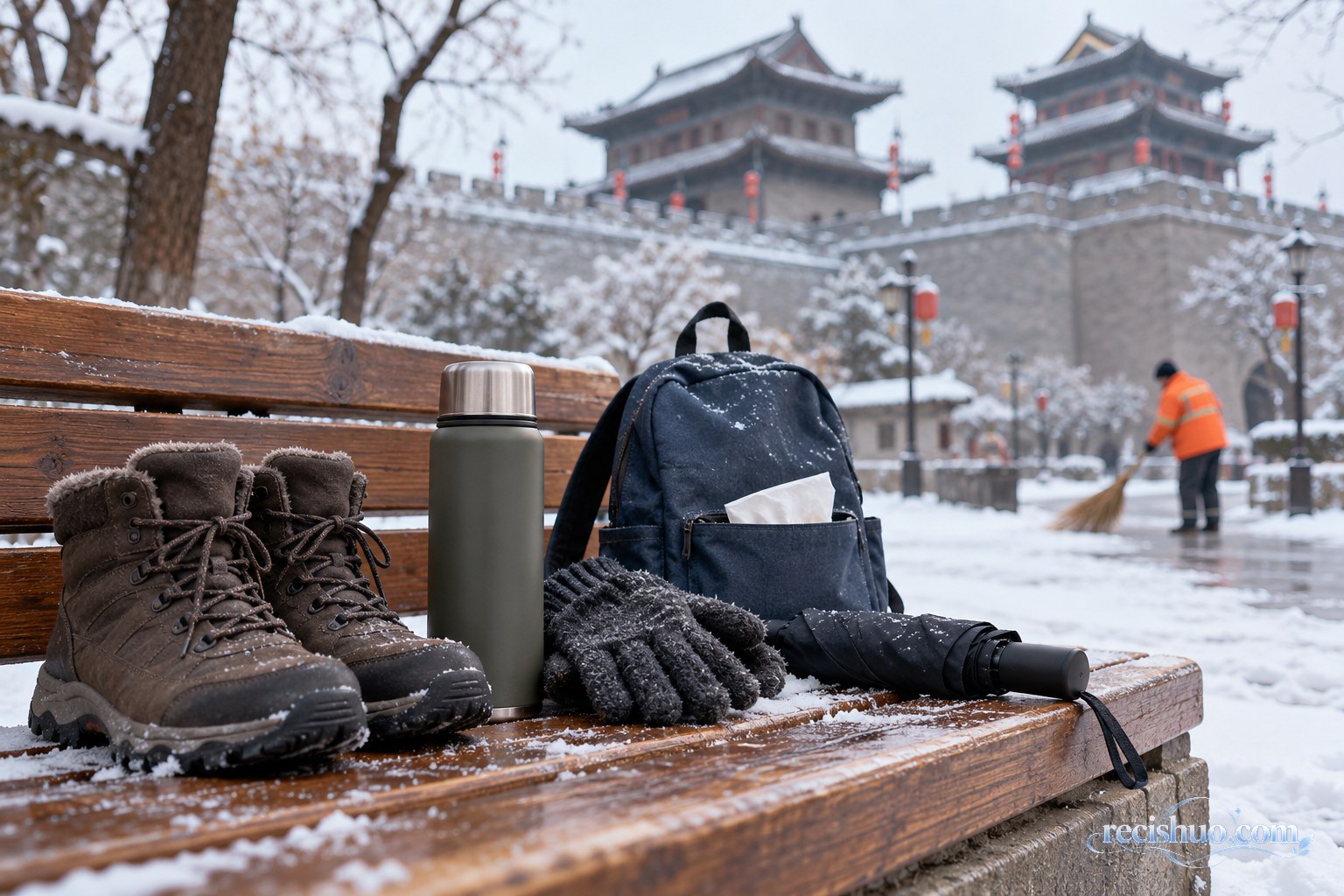 防滑冬靴、保温杯、手套、折叠伞和背包摆放在古城附近的雪中长椅上