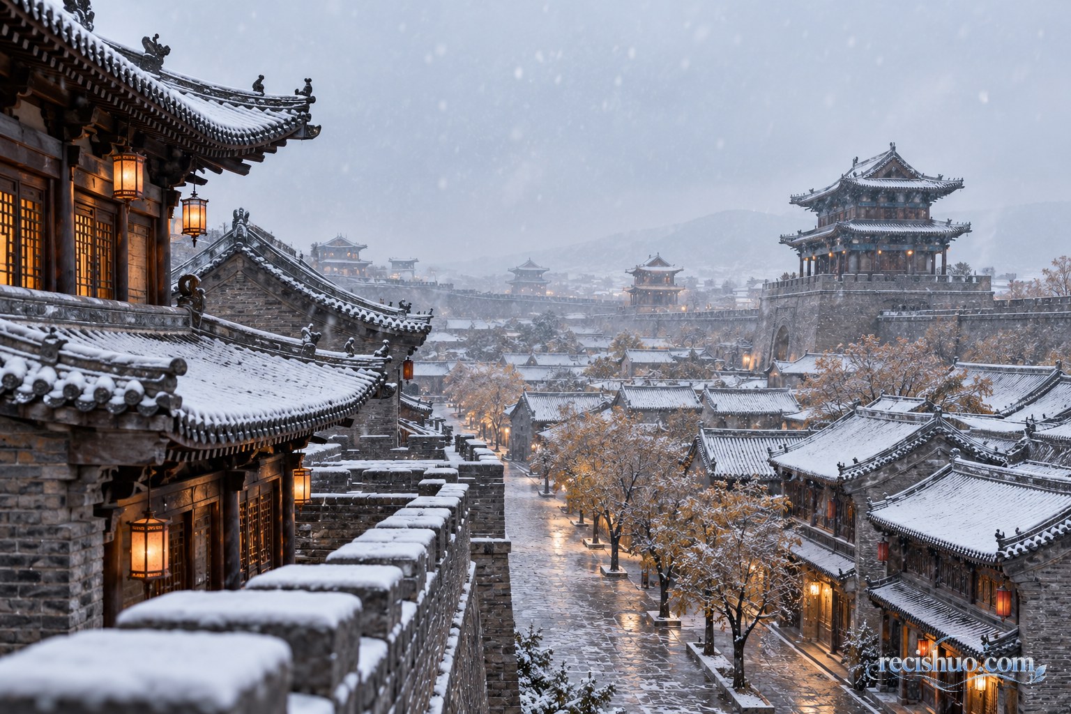 秋雪飘落在大同古城风格的青灰屋瓦与传统街巷之间