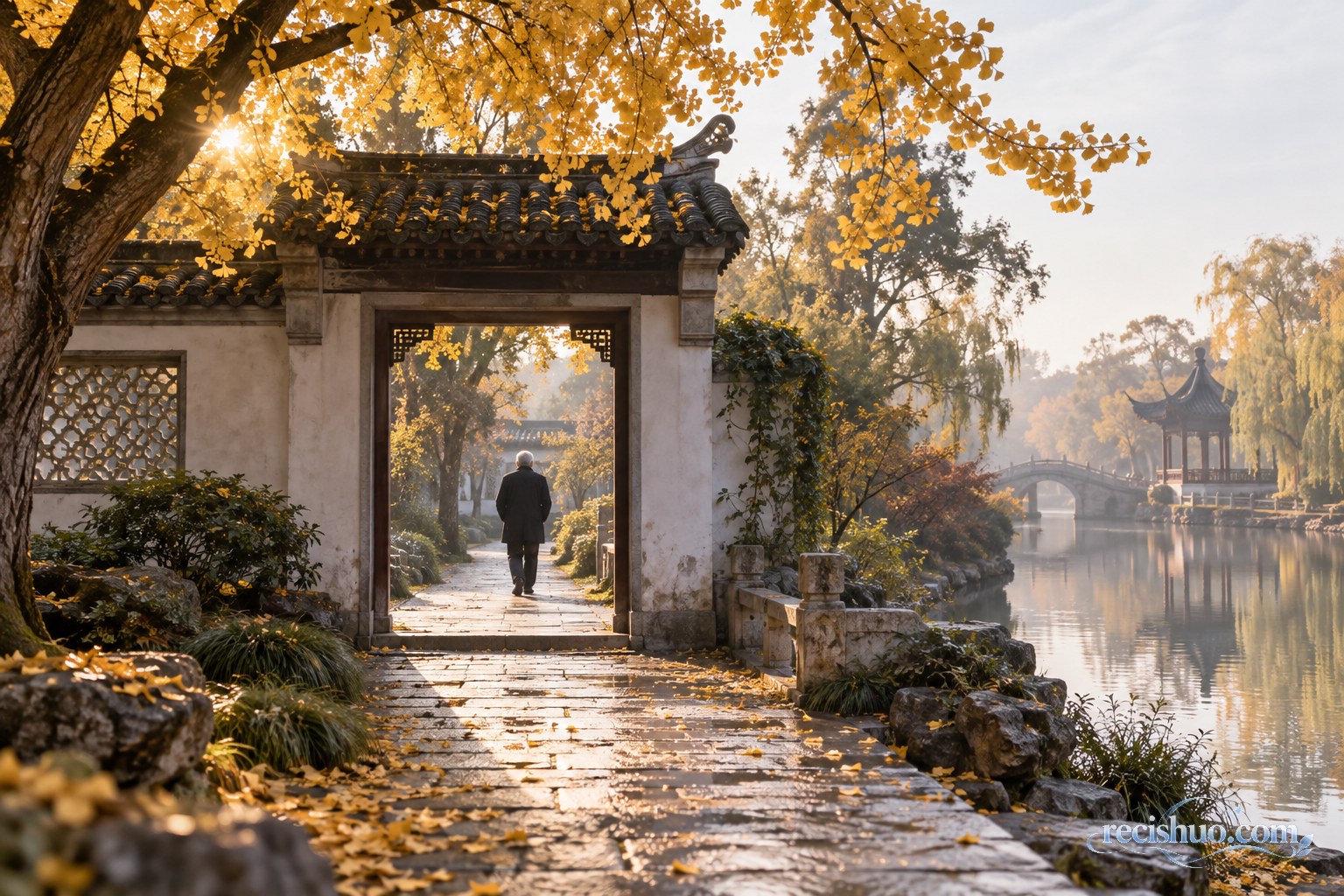 深秋晨光中的江南园林内,一位年长男性沿石板路走向园门的象征性归乡画面