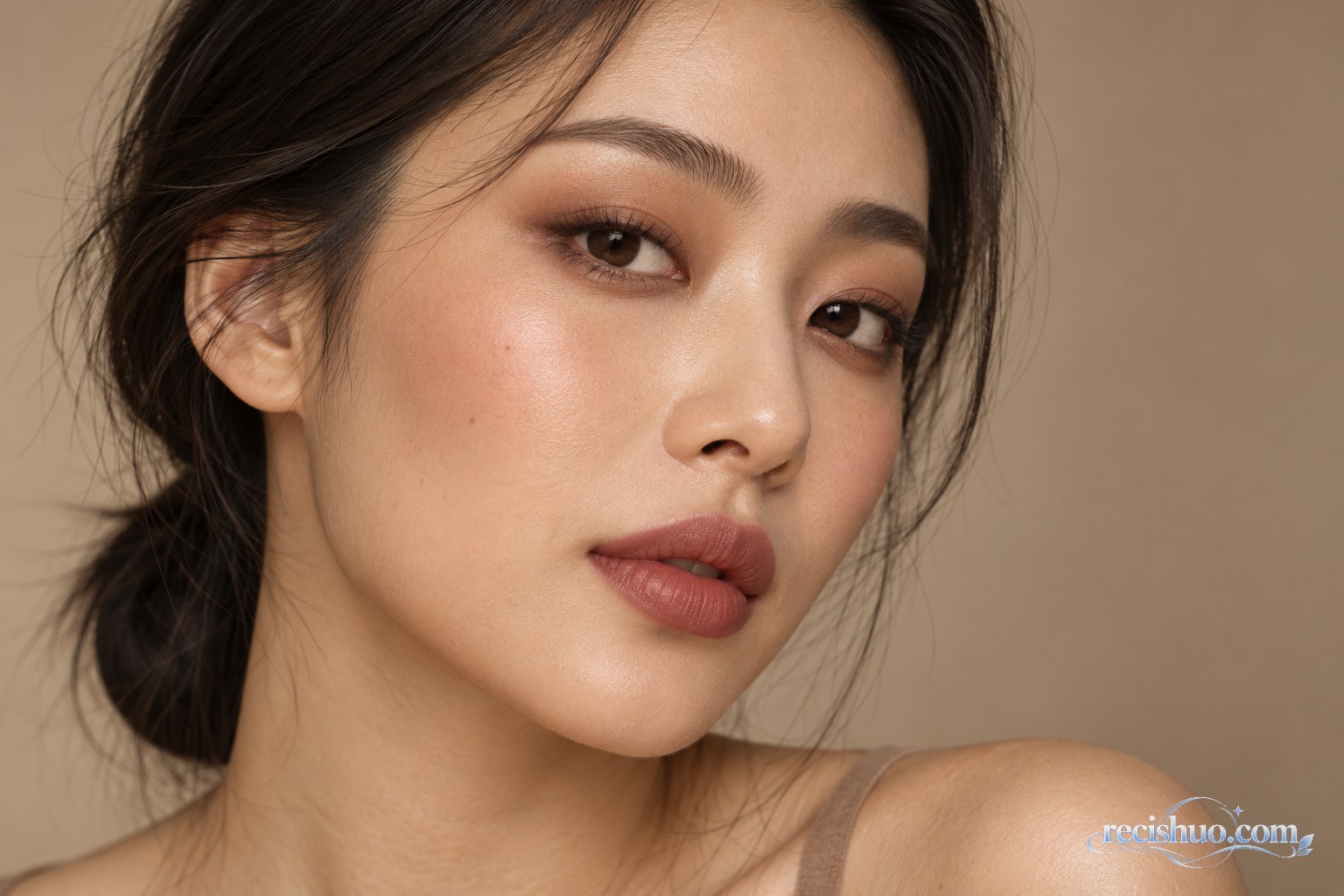自然光下展示可可色眼妆、玫瑰棕唇妆与真实肌肤质感的面部特写