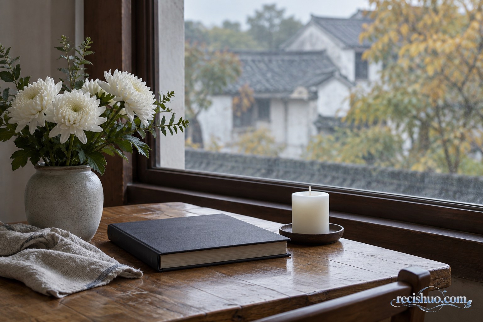 江南窗前摆放白菊、纪念册和未点燃蜡烛的安静追思场景