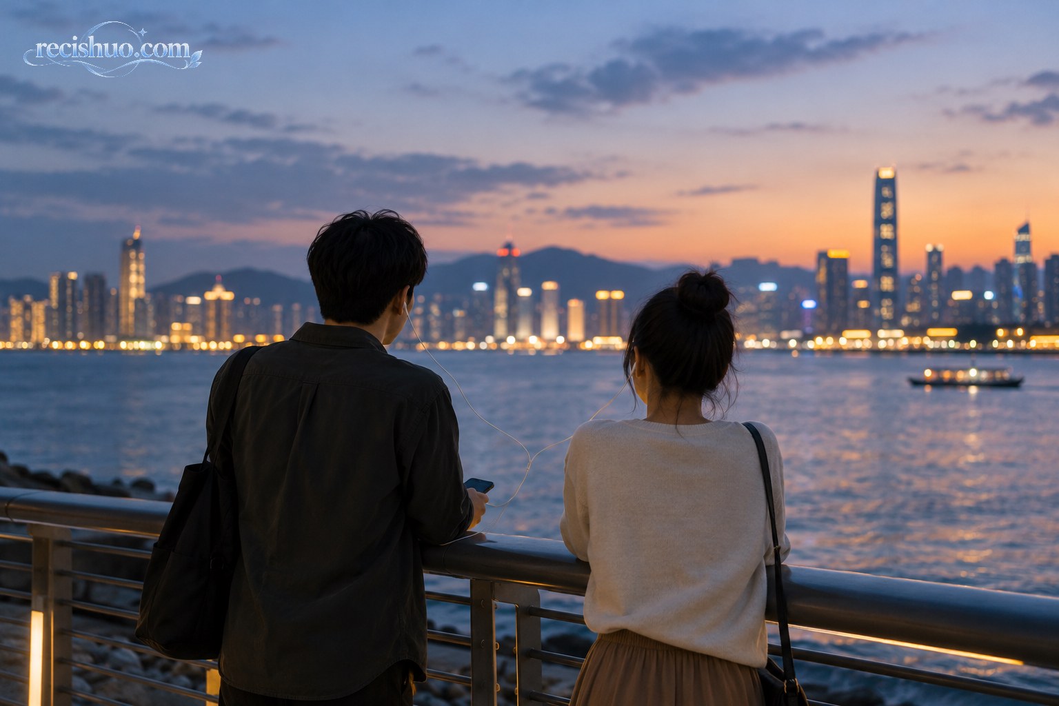 两名年轻人在城市滨水步道共享耳机欣赏音乐
