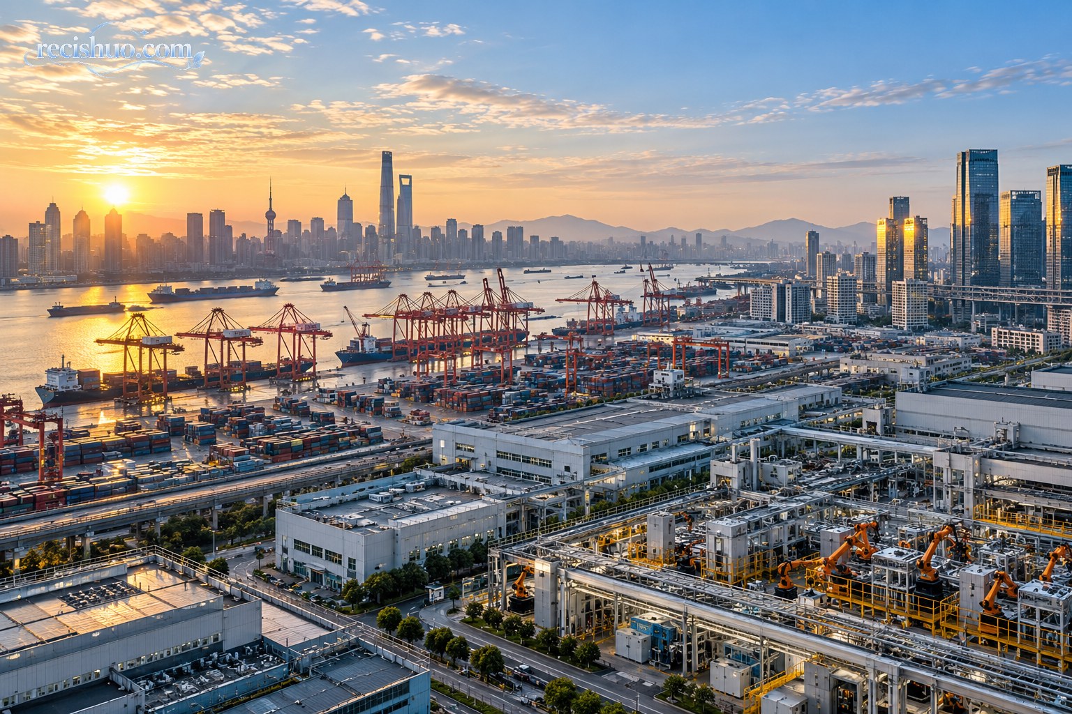 晨光下城市楼宇、港口与现代工厂共同构成的经济运行场景