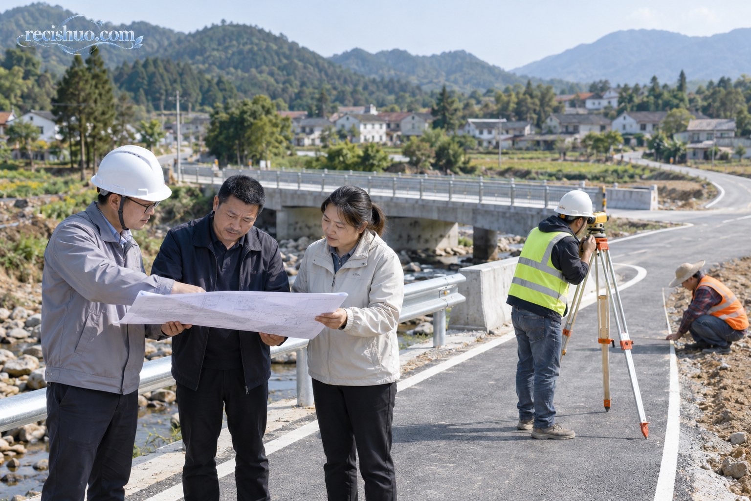 工程技术人员和基层工作人员在乡村道路建设现场核对图纸