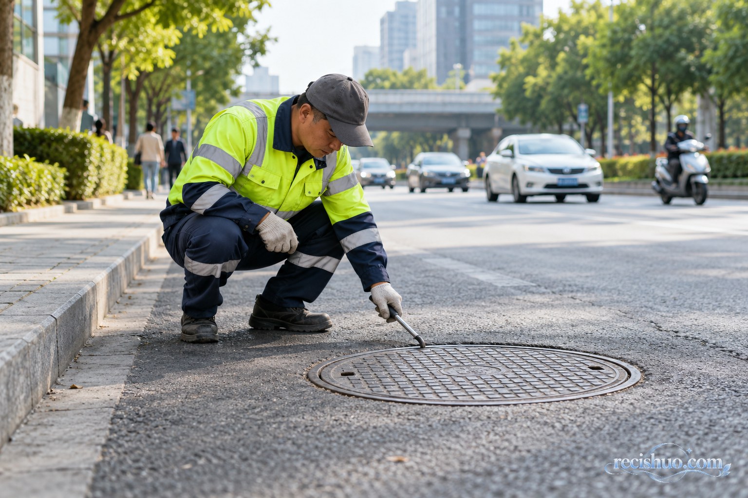 市政巡检人员在城市道路上使用工具检查与路面平齐的圆形井盖