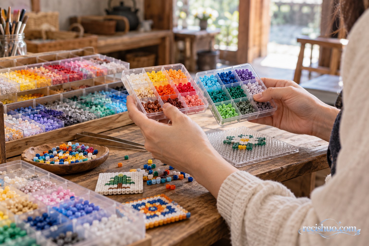 乡村拼豆店的木桌上摆着分色收纳盒，一名顾客正在比较不同配色材料