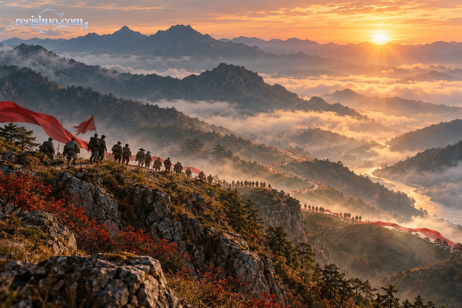 晨光照耀连绵群山,远处的行进队伍沿山路前行,象征长征记忆与继续奋斗