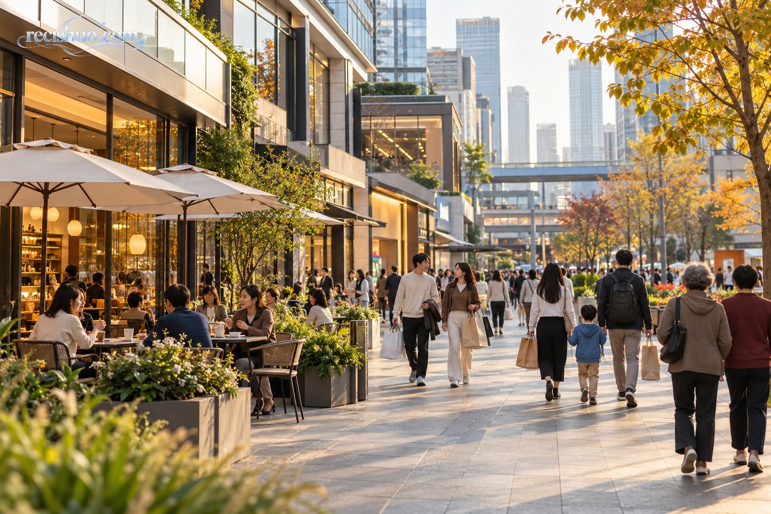 秋日下午中国城市商业街区内市民购物、用餐和休闲的生活场景