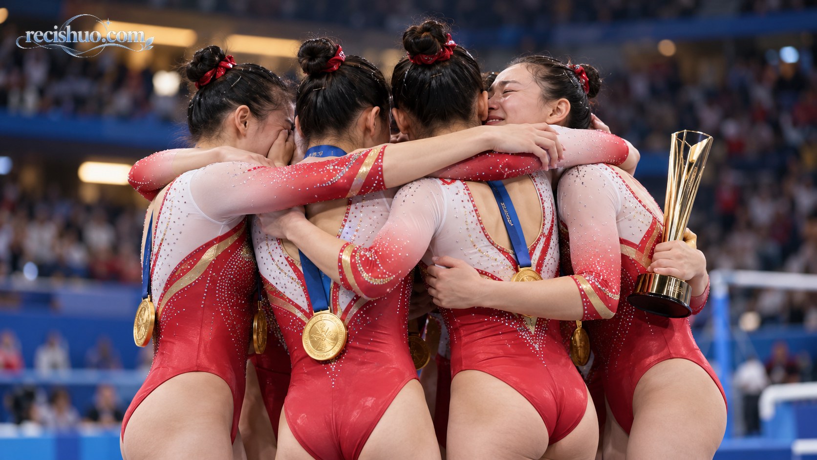 中国女子体操运动员在世界大赛夺冠后手持奖杯相拥庆祝
