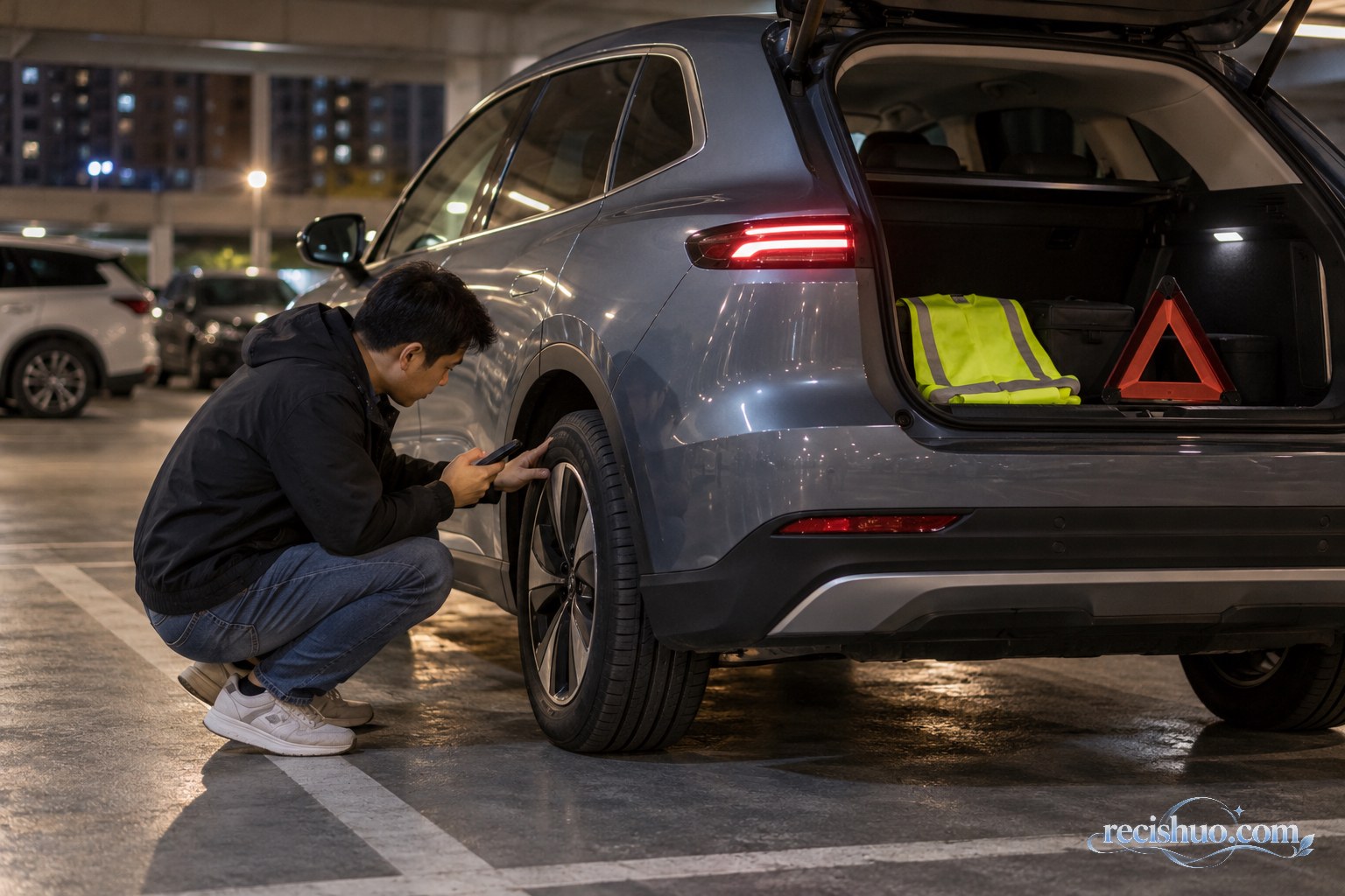 车主在夜间停车场检查车辆轮胎并准备反光背心和三角警示牌