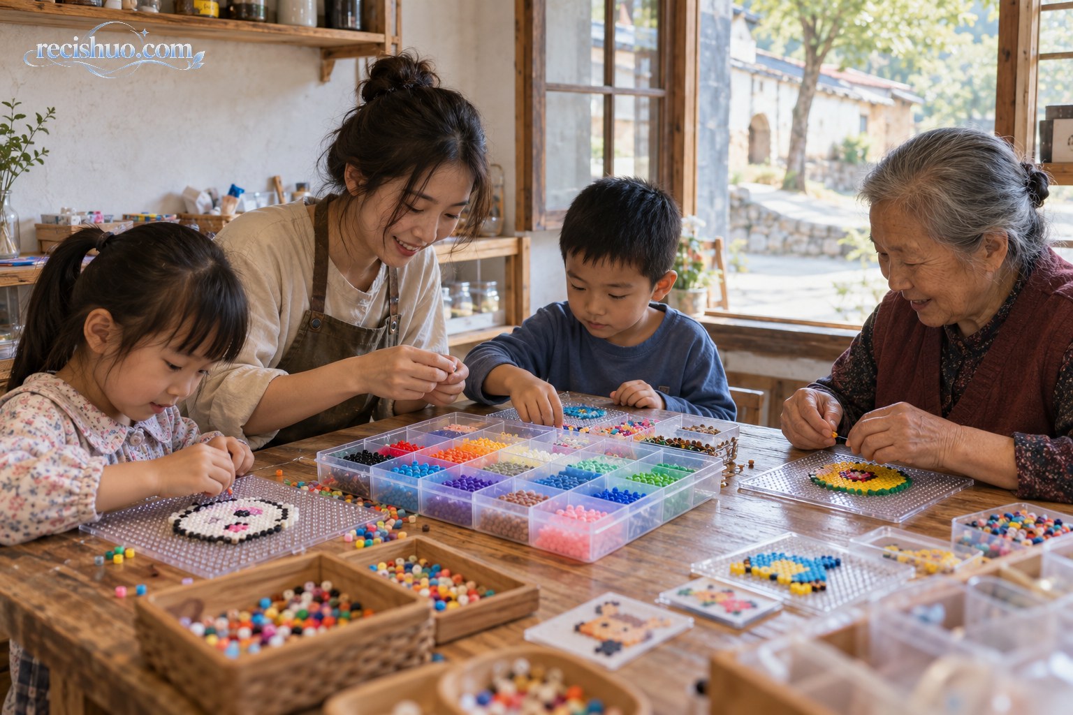 乡村手作店内，店主与孩子和老人围坐木桌共同制作拼豆作品