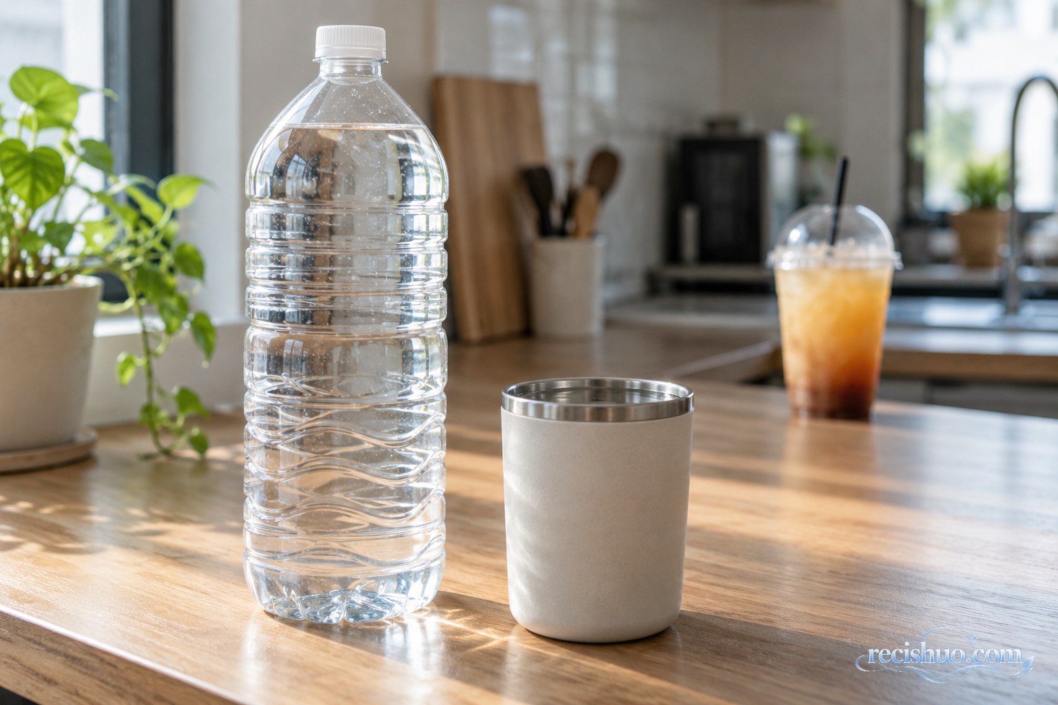 日常桌面上的大瓶装白水、饮水杯与远处的甜味饮品