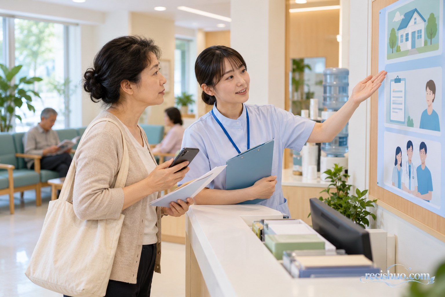 居民在社区健康咨询空间向工作人员核对服务范围和办理方式