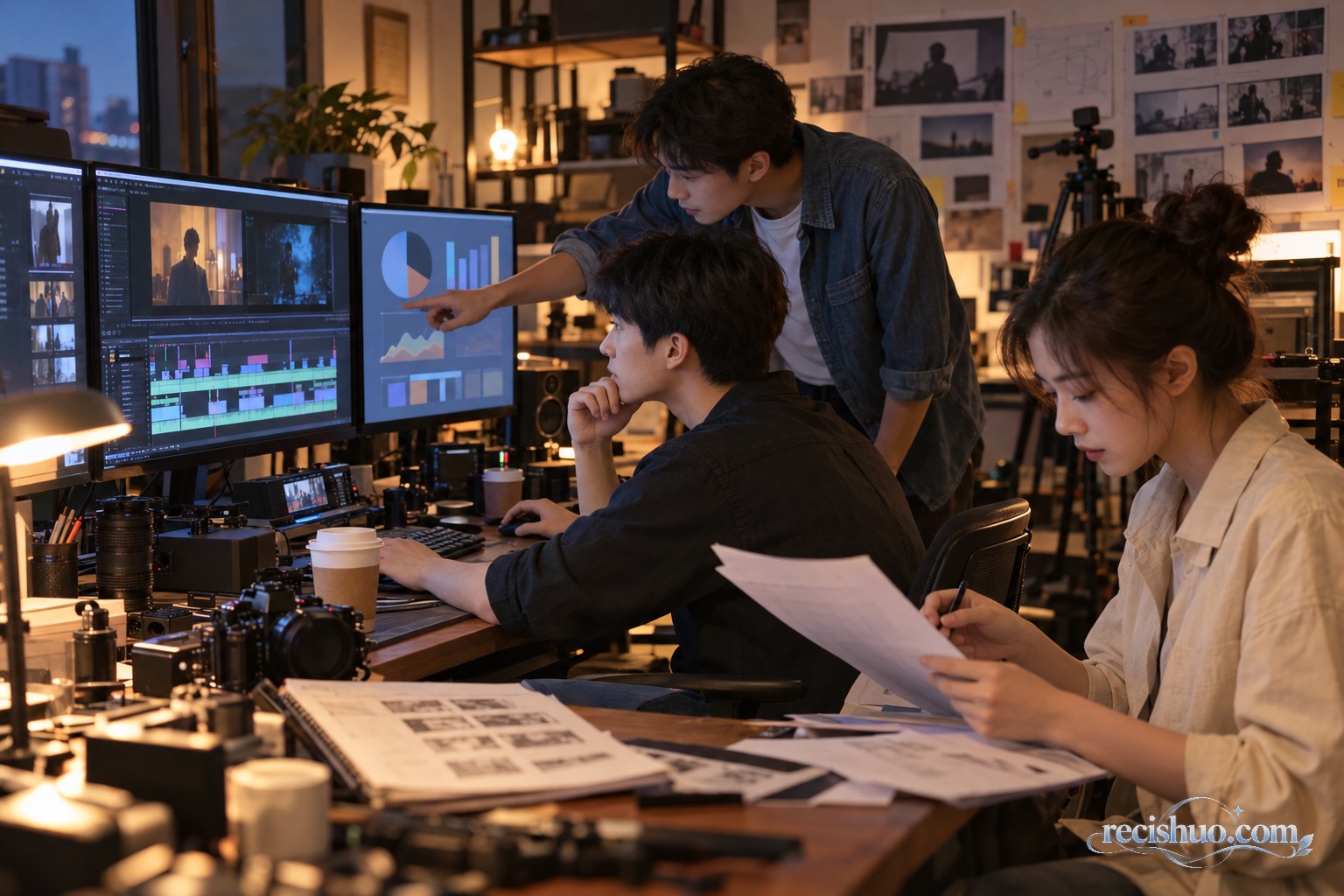 小型短剧制作团队在工作室核对剪辑内容、流量图表与项目预算