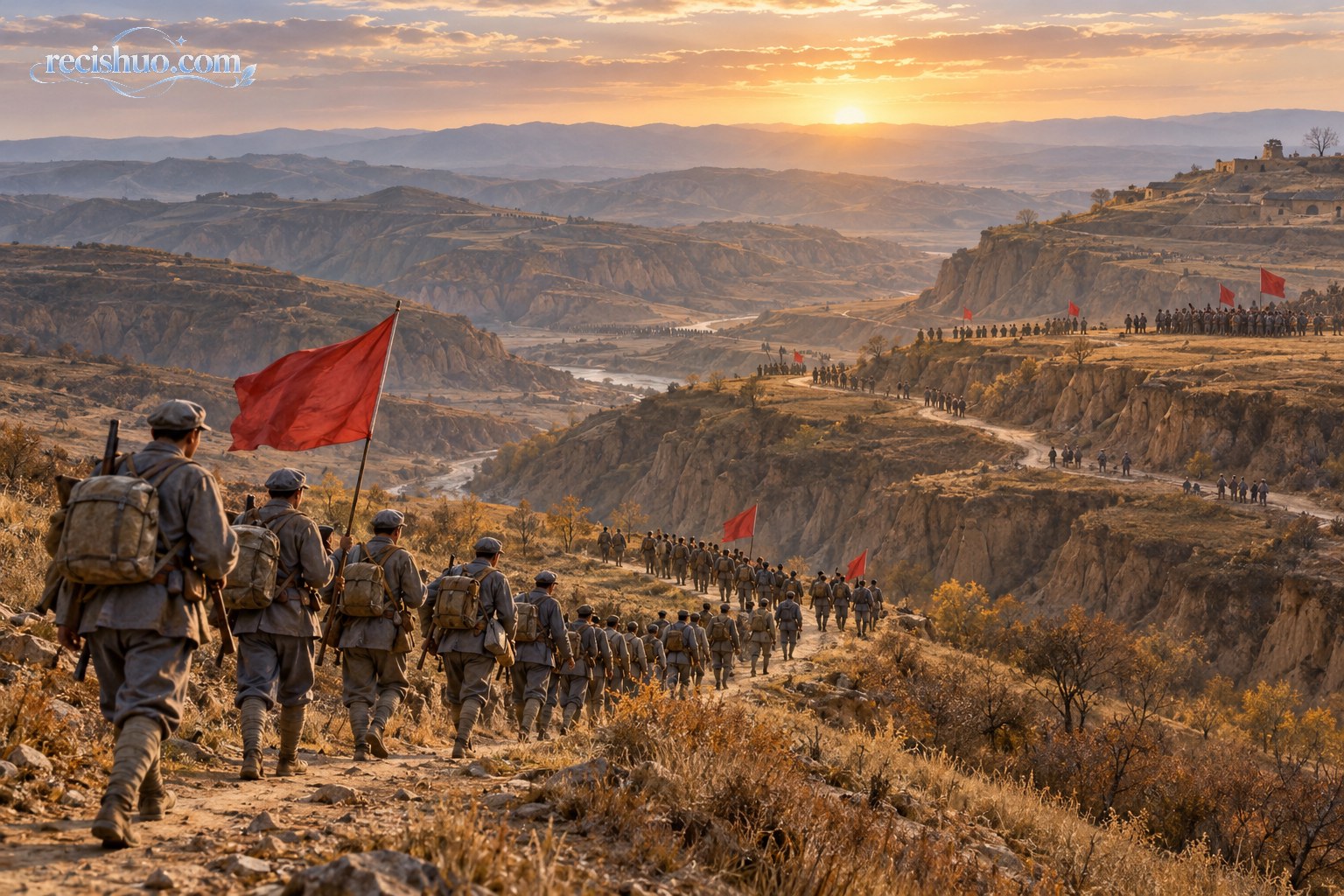 秋日晨光下,红军队伍沿黄土高原山路走向会师地点的历史场景