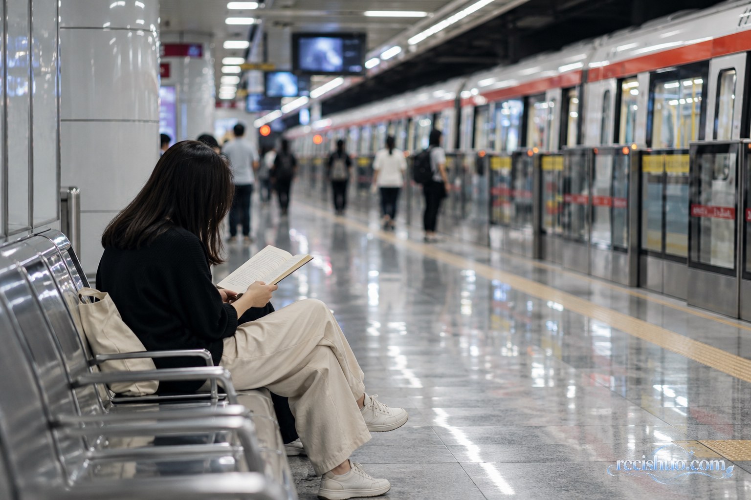一名乘客坐在城市地铁站台座椅上安静阅读纸质书