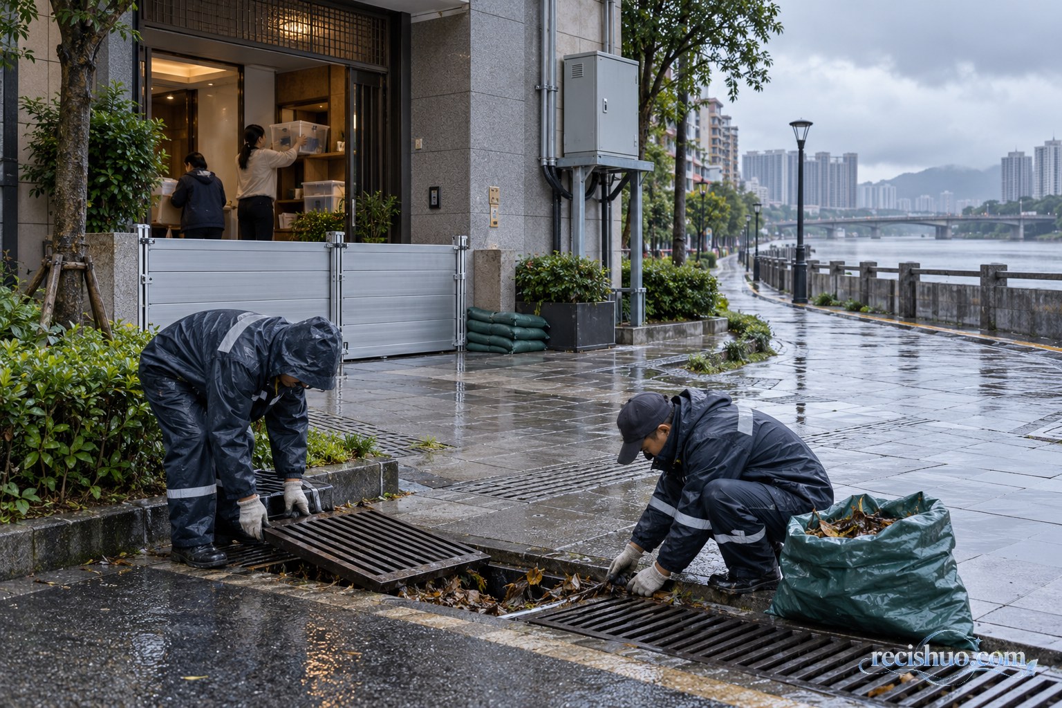 沿河城市工作人员清理排水口并设置建筑防洪挡板