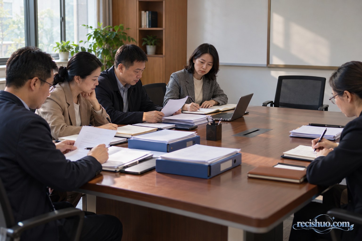 学校工作人员在会议室核对材料并记录事件情况