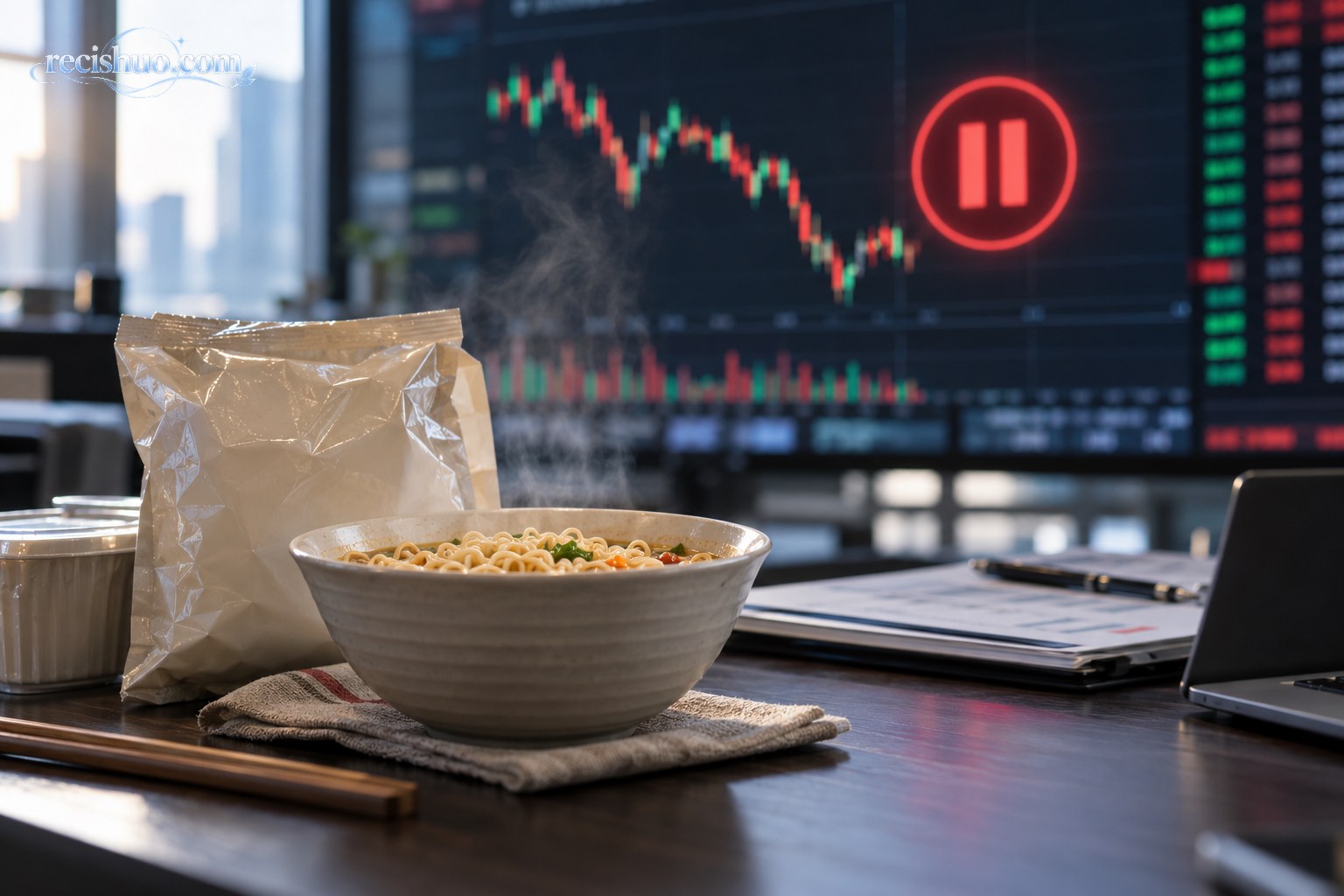 方便食品与证券行情屏同框呈现股票暂停交易场景