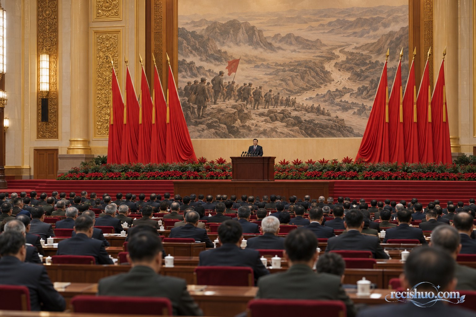 纪念长征胜利90周年大会主题会场示意图,庄重礼堂内设有讲台、红旗与长征历史画面