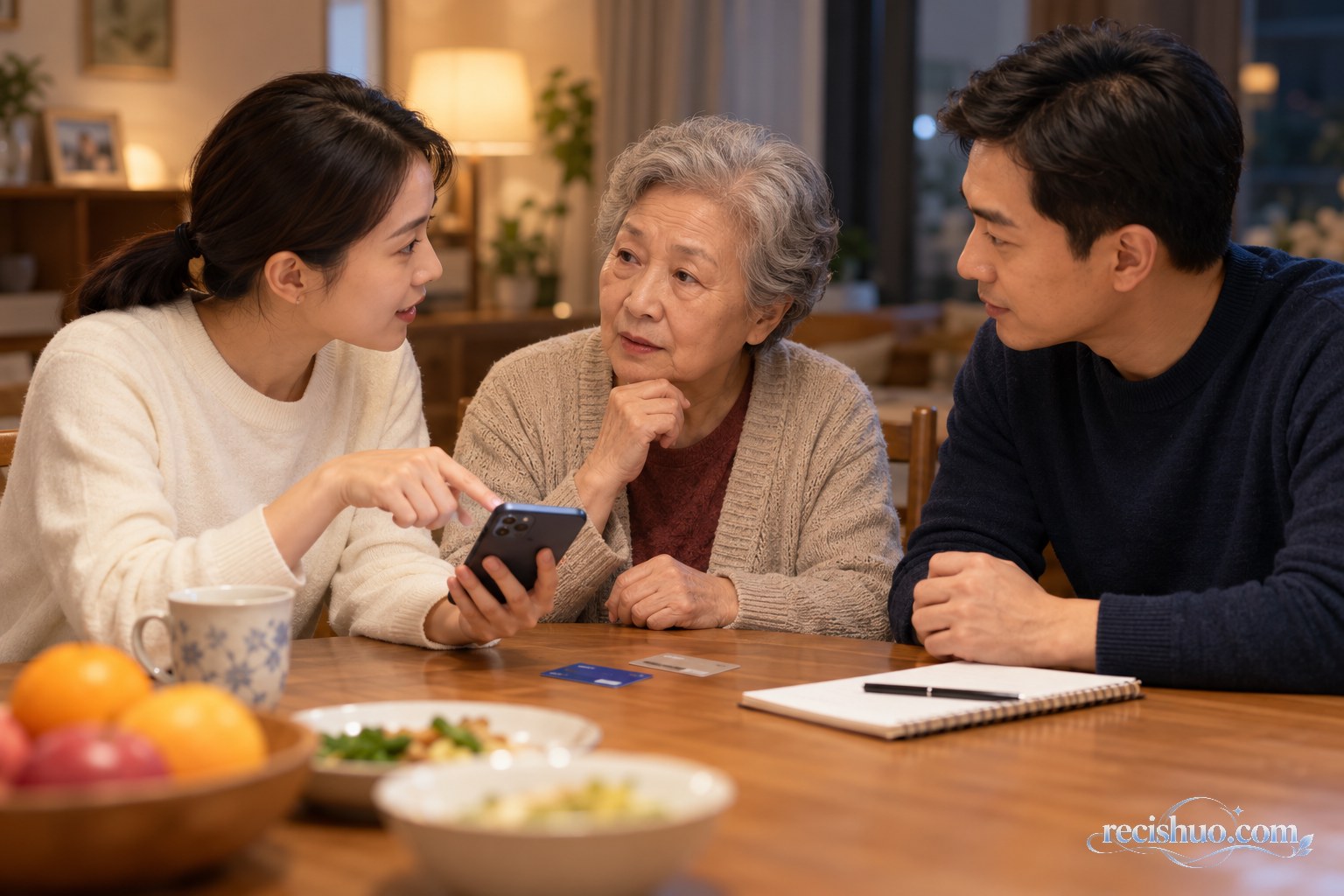 家人围坐餐桌帮助老人识别可疑转账要求