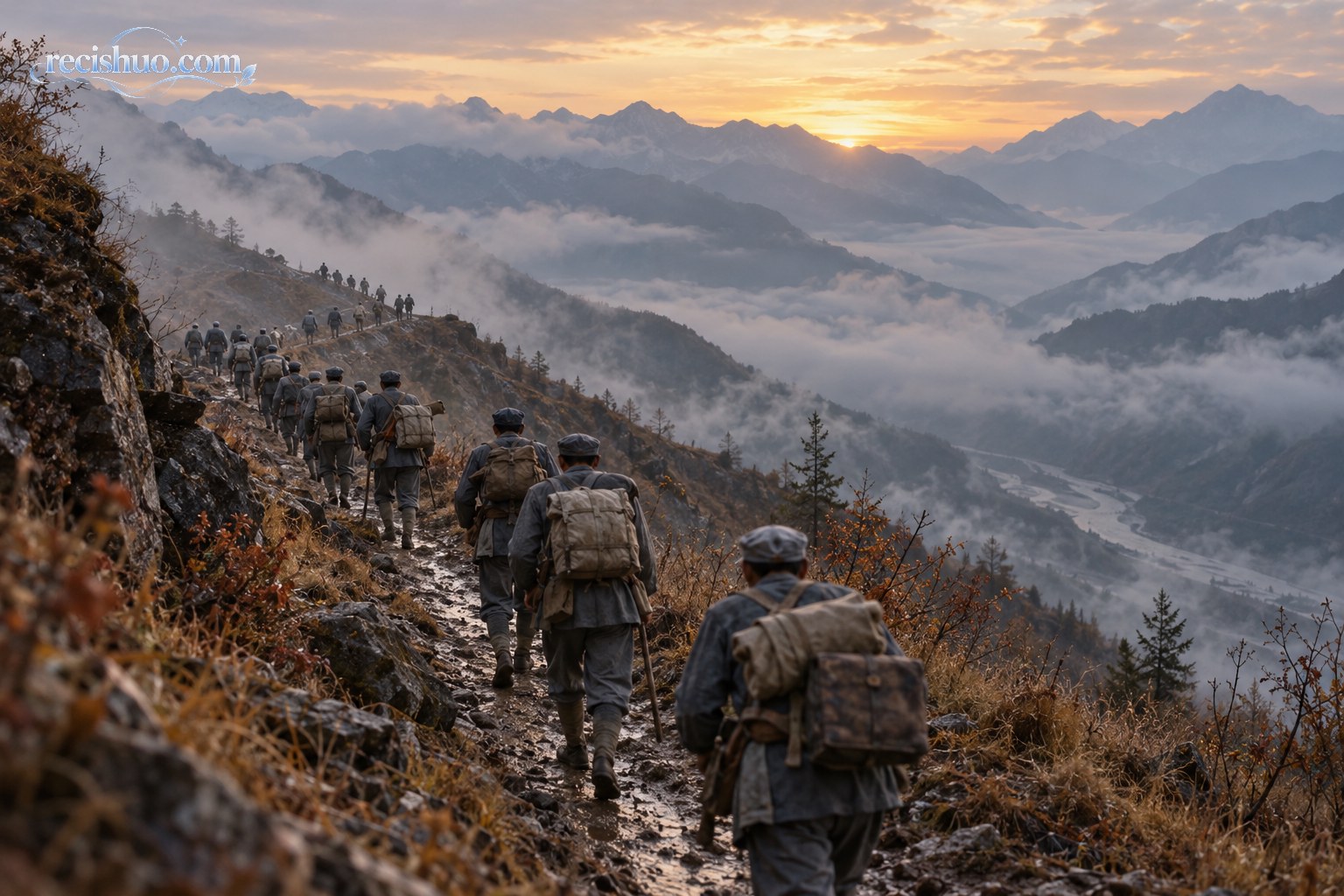 晨光与云雾笼罩的群山间,一支队伍沿崎岖山路艰难前行
