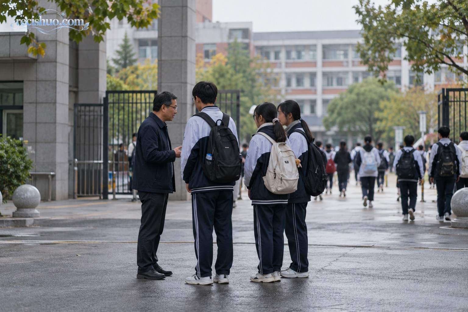放学时段一名教师在中学校门口与几名学生严肃交谈