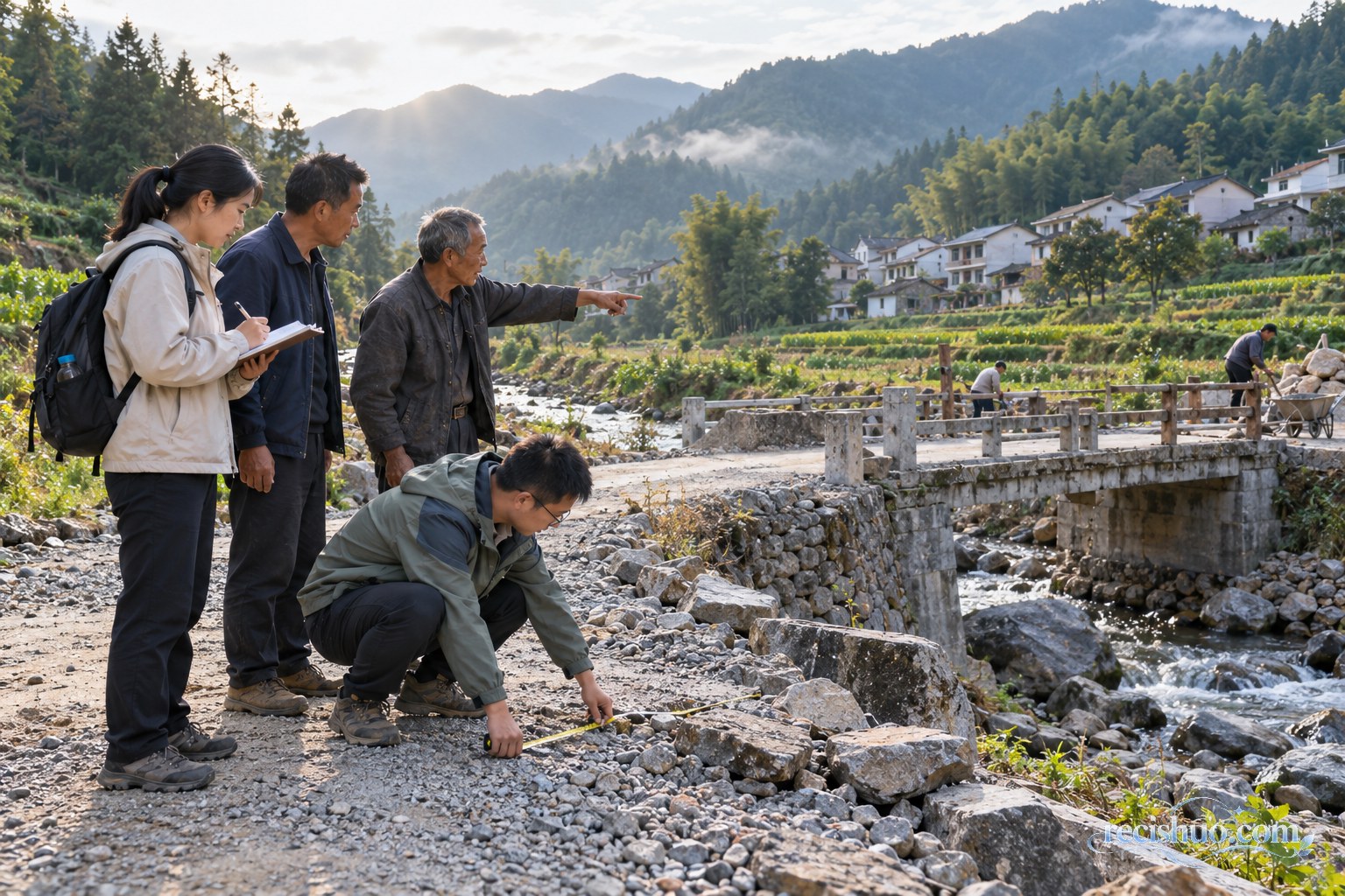 工作人员与村民在山村道路旁测量并讨论小桥维护方案