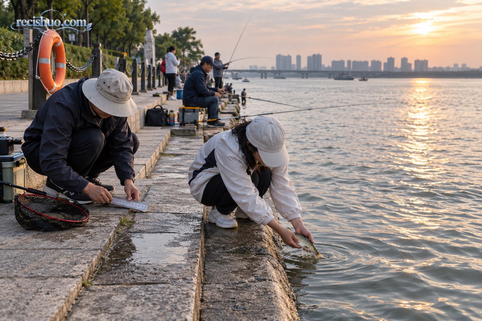 钓友在安全护栏附近测量鱼获并将小鱼放回水中