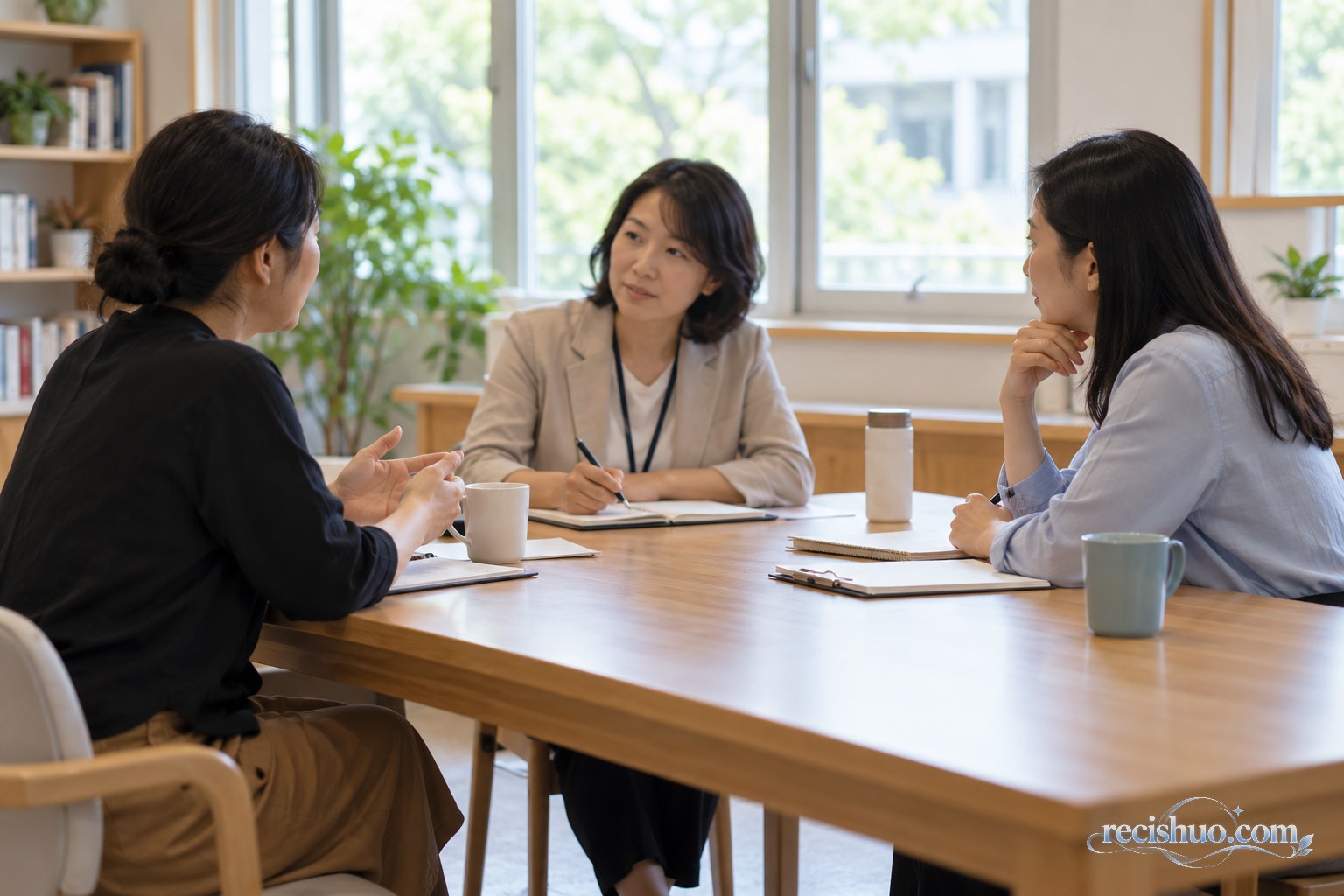 教师、家长与学校工作人员在会谈室进行平等沟通