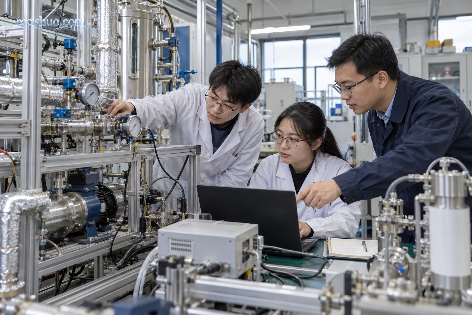 研究生与工程师在能源工程实验室检查设备原型和测量数据