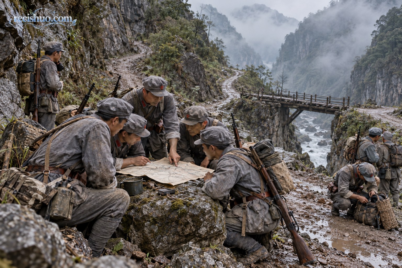 红军战士在山谷岔路旁围绕地图研判行进路线的历史纪实插画