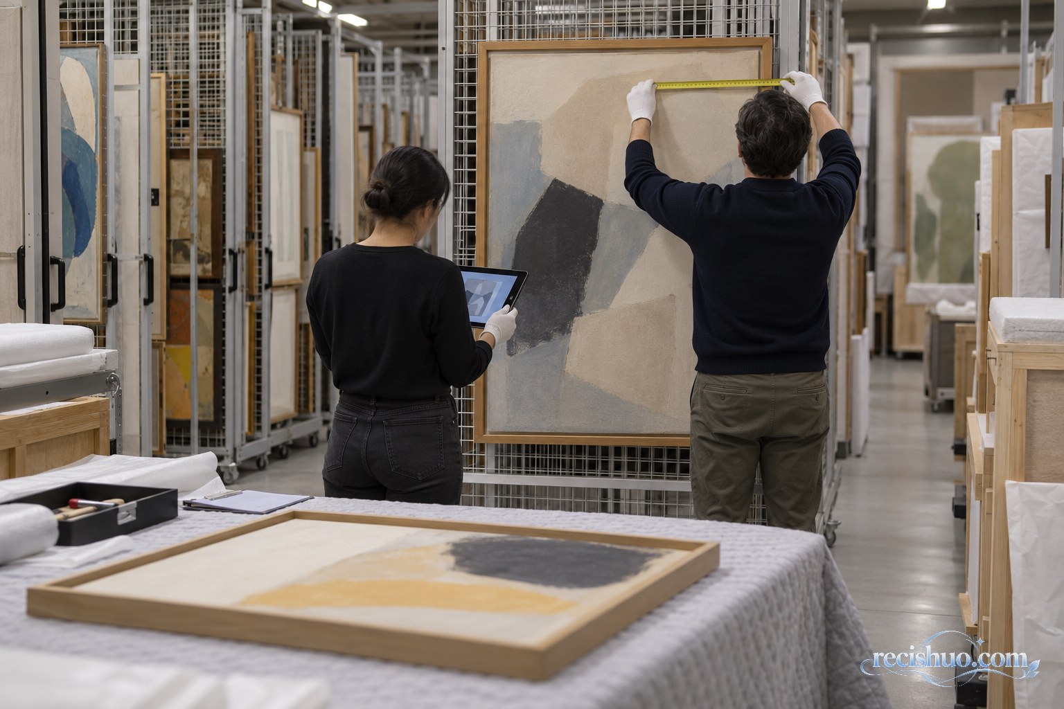 工作人员在艺术品库房内测量画框并进行藏品登记