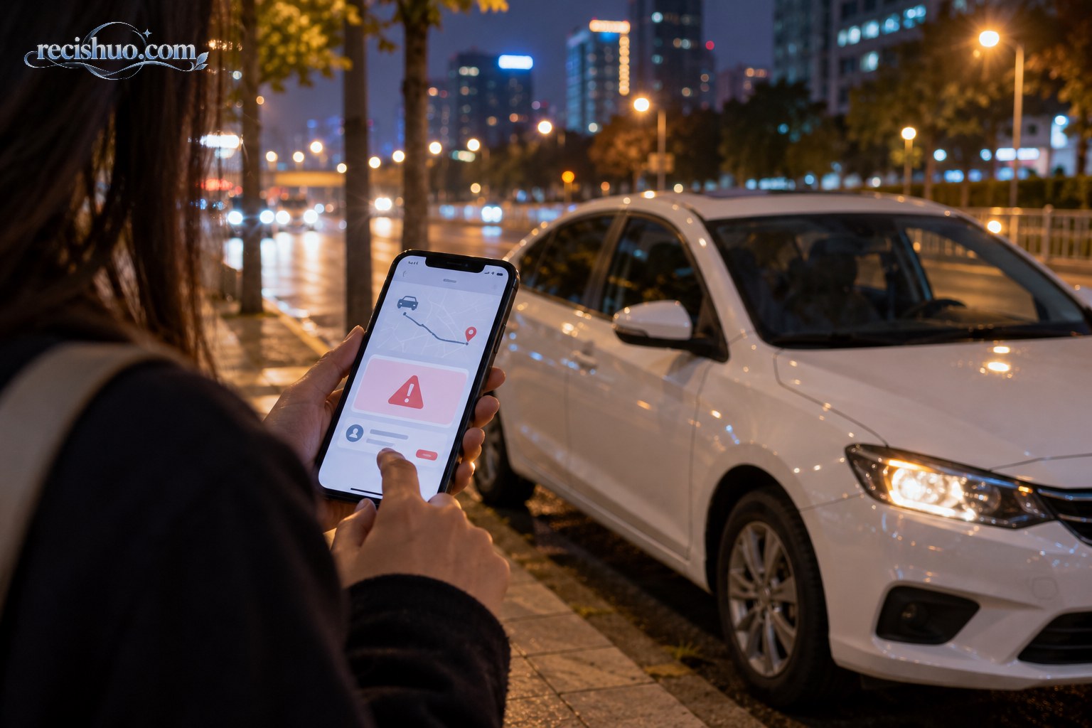 夜间城市道路旁,乘客查看手机中的顺风车异常提示,旁边停着一辆无品牌白色家用车