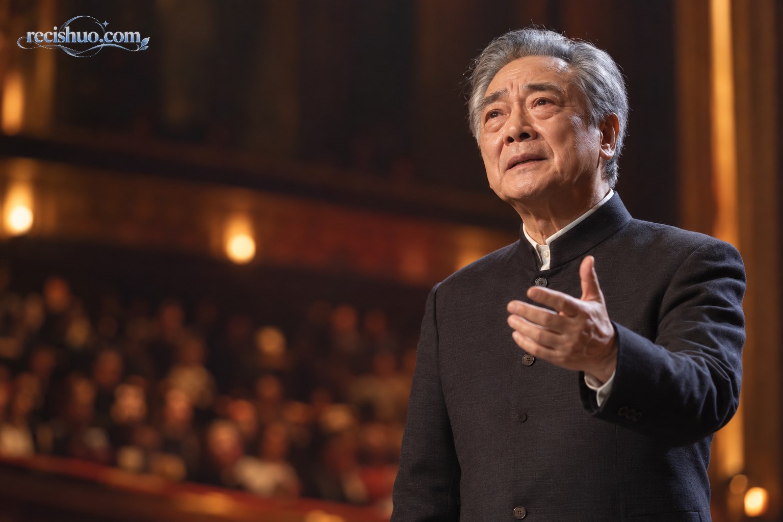 暖色舞台灯光下,一位年长男演员以克制而激动的表情完成无声表演
