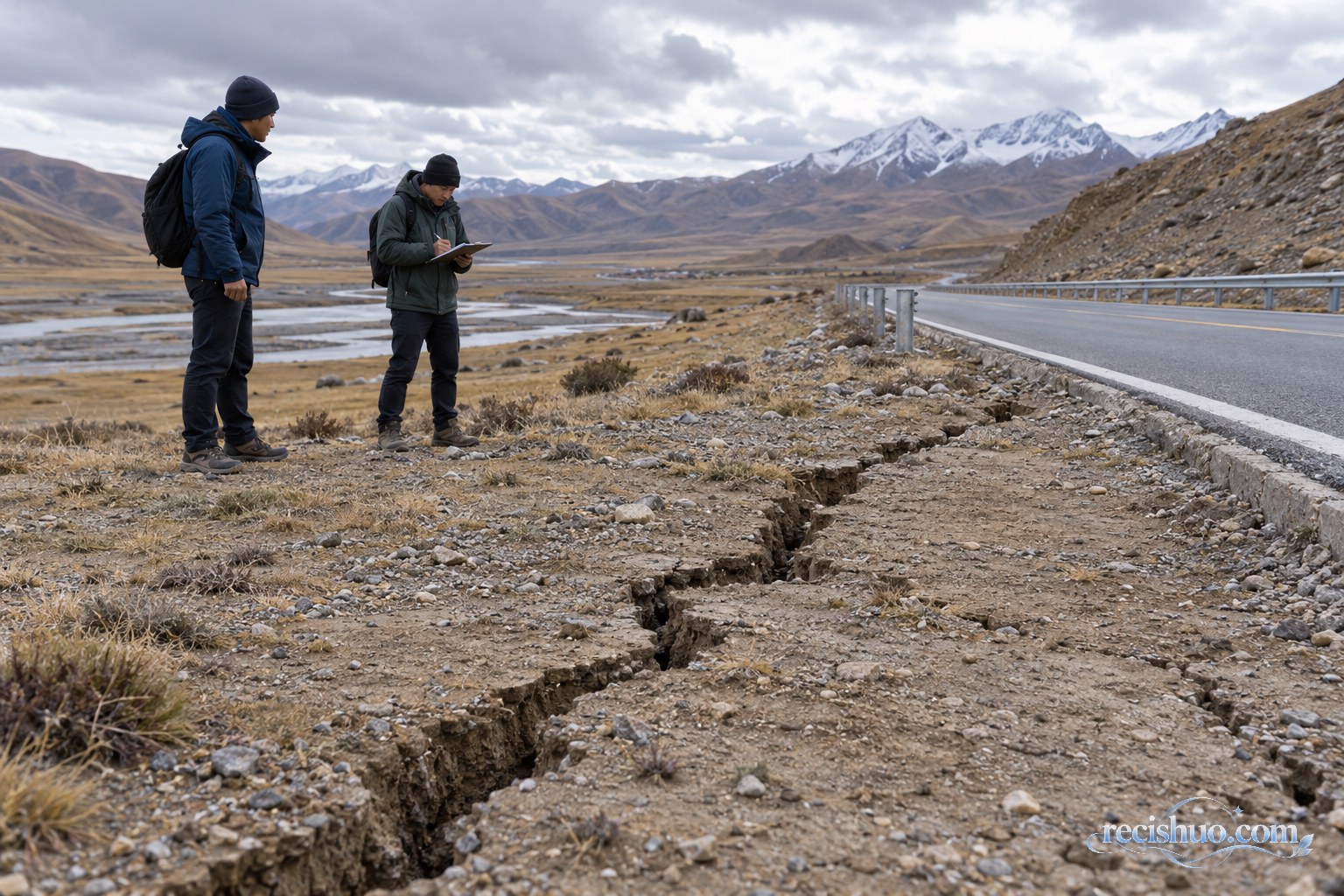 巡查人员在高原道路旁保持距离观察地表裂隙