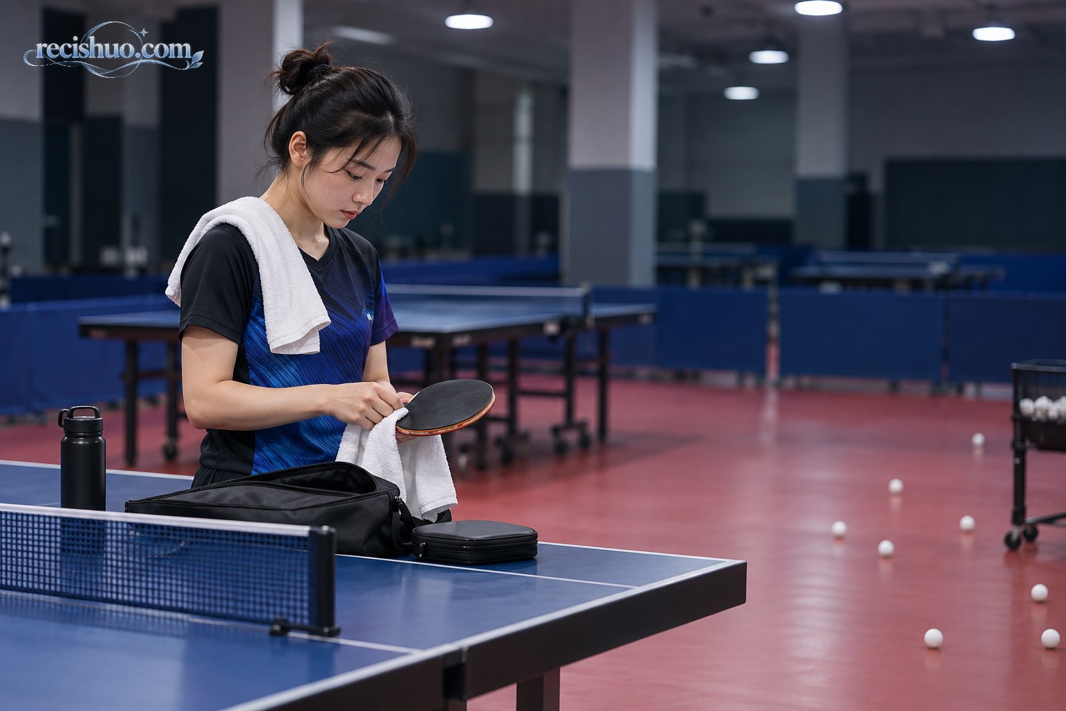 女子乒乓球运动员在训练馆整理球拍准备继续训练
