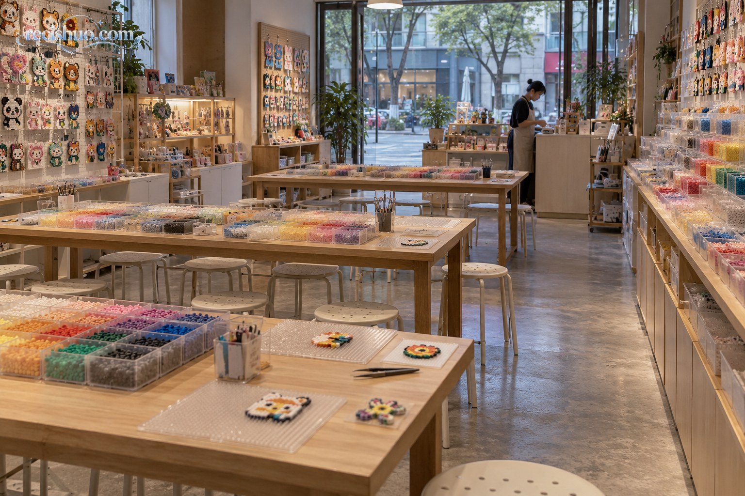 拼豆店打烊后,经营者坐在空荡的店内核对票据和经营账目