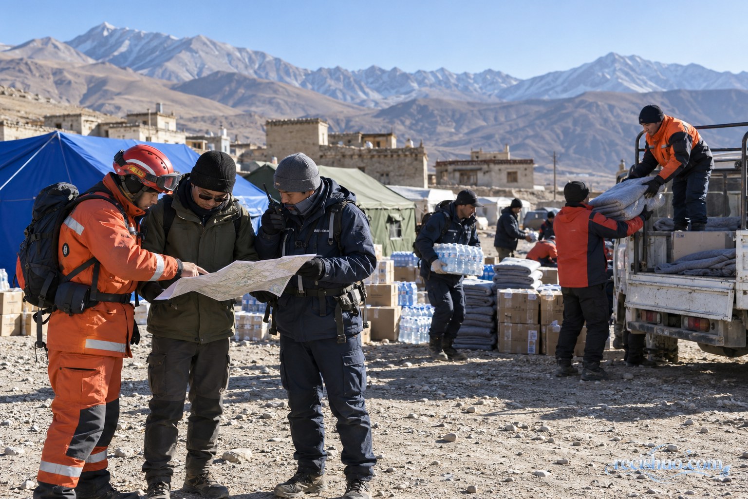 高原地震灾区救援人员核对地图并转运饮用水和保暖物资