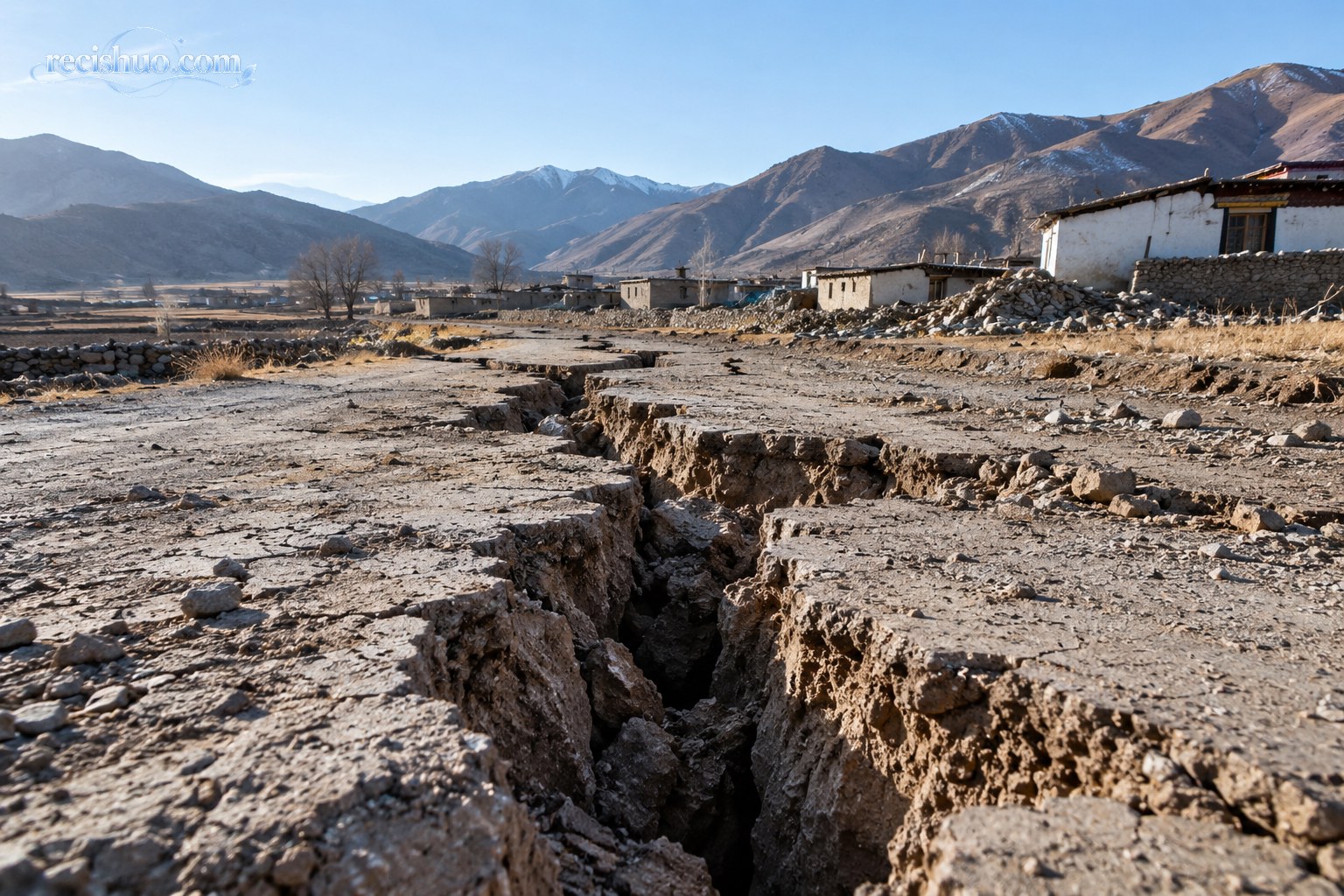 高原村庄道路被不规则地面裂缝贯穿的震后环境示意图