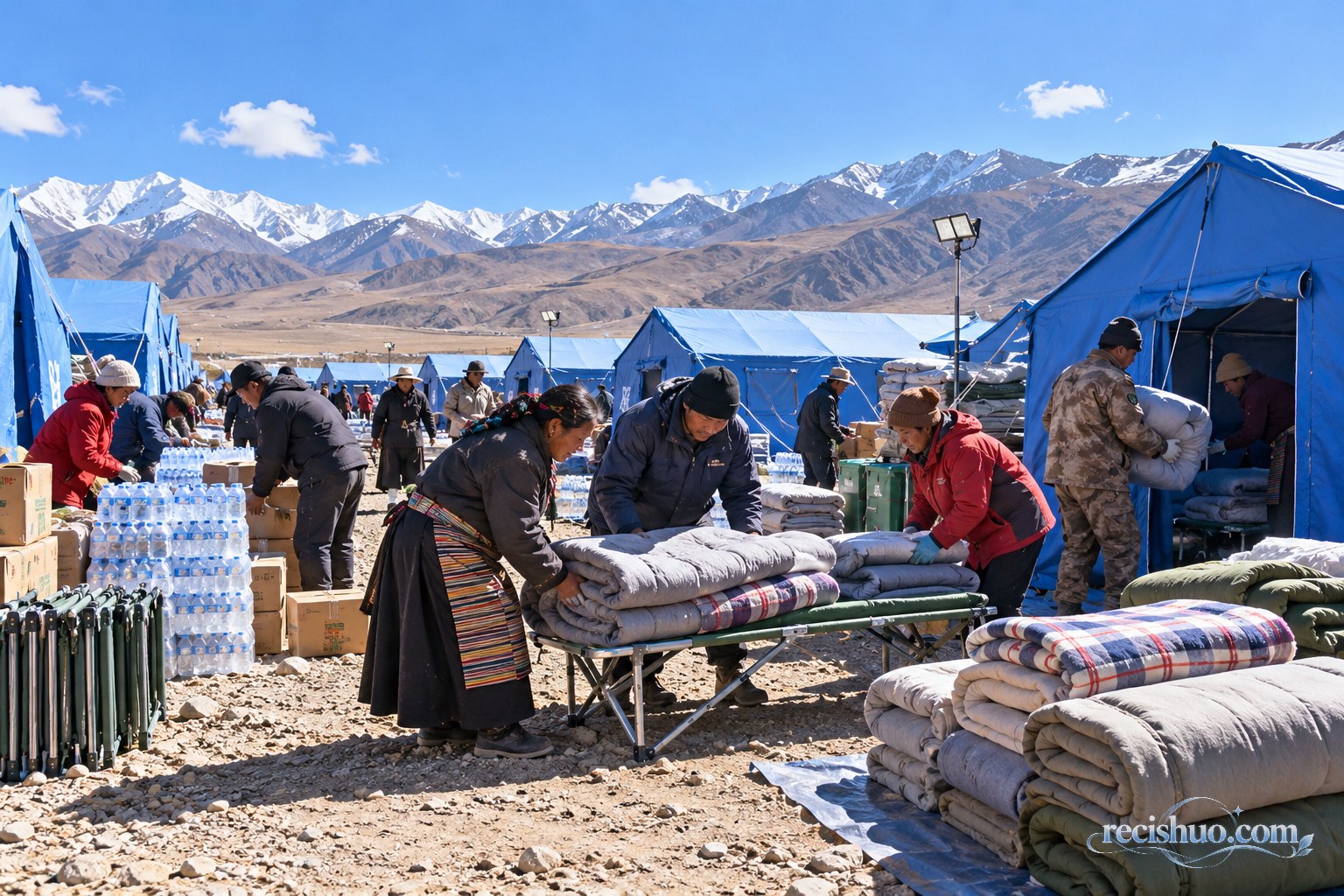 高原地震灾区临时安置点内工作人员与居民整理御寒物资的场景
