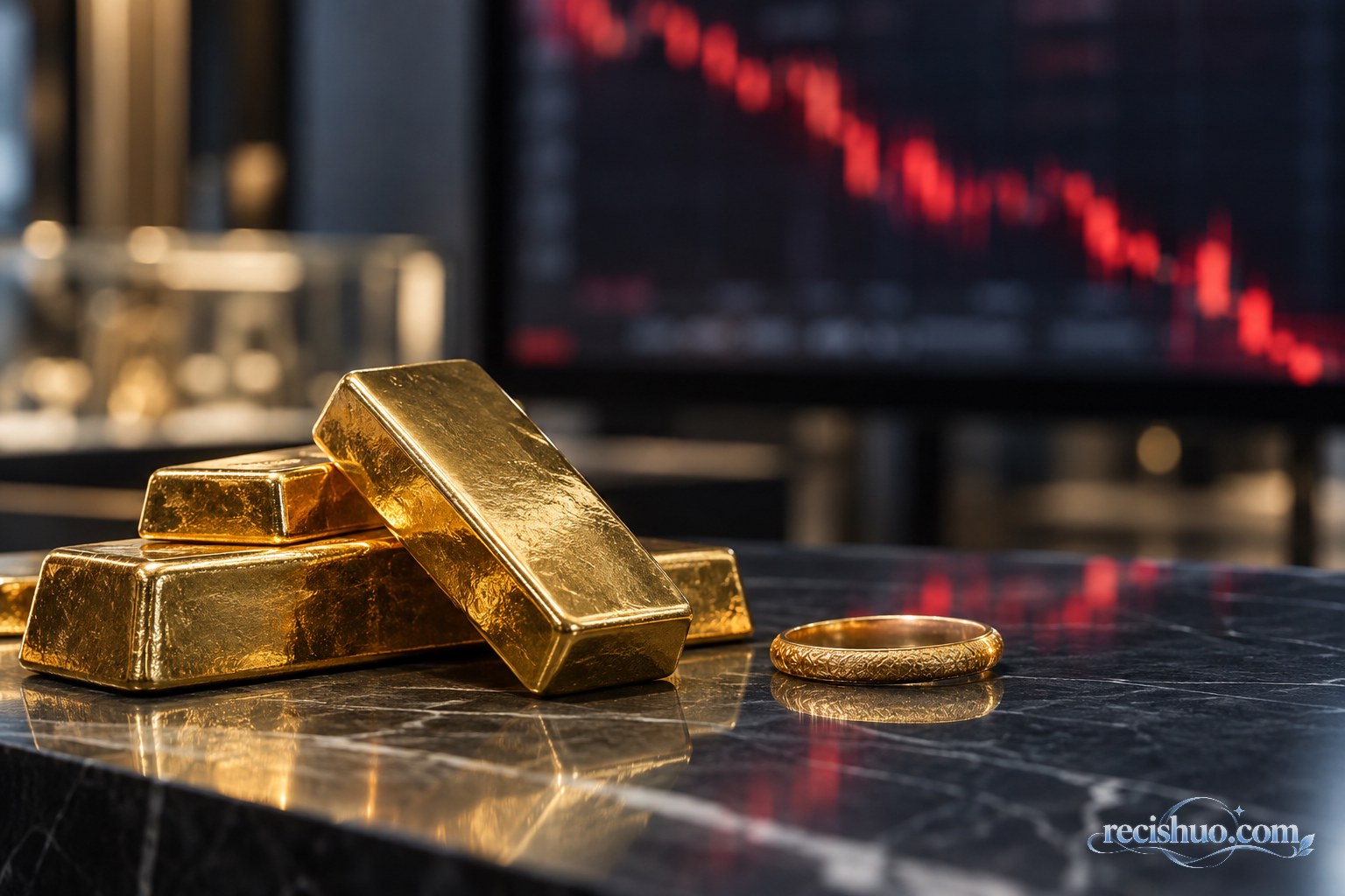 金条与黄金戒指置于交易台前,背景行情曲线呈下行走势