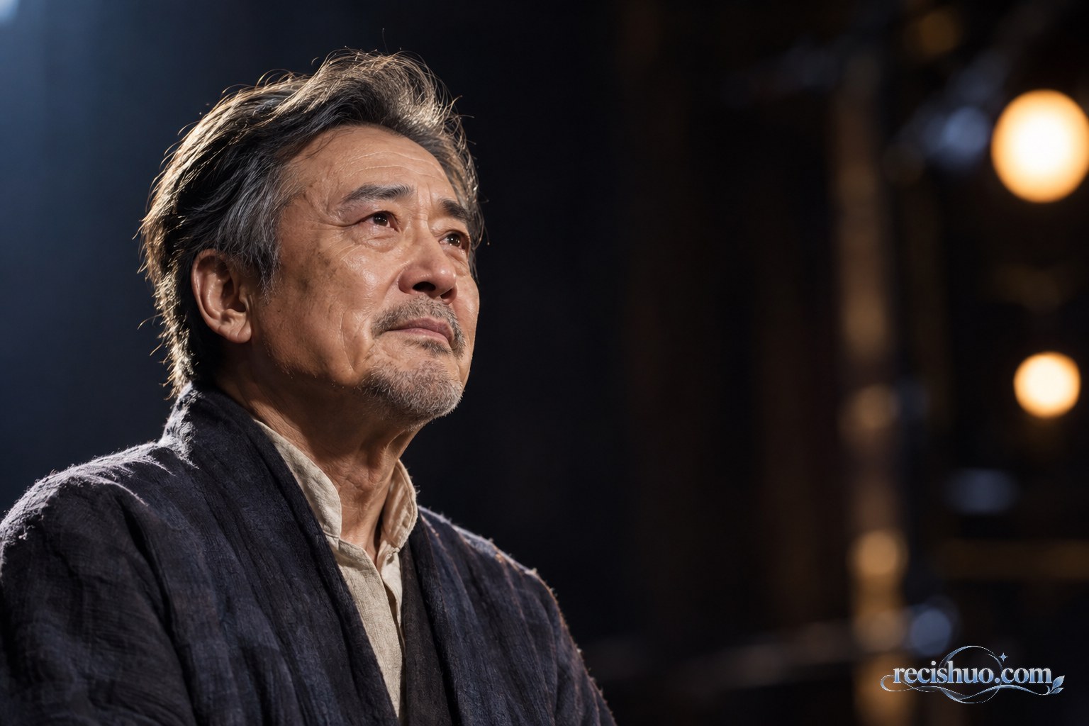 舞台侧光中,年长男演员通过眼神和细微表情传递复杂情绪