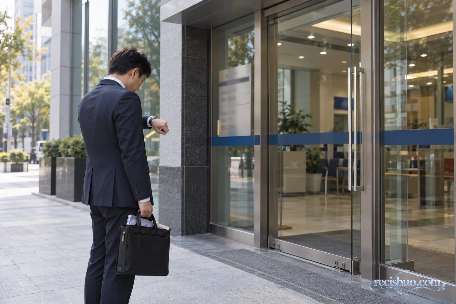 企业办事人员携带文件袋在银行网点门外查看时间