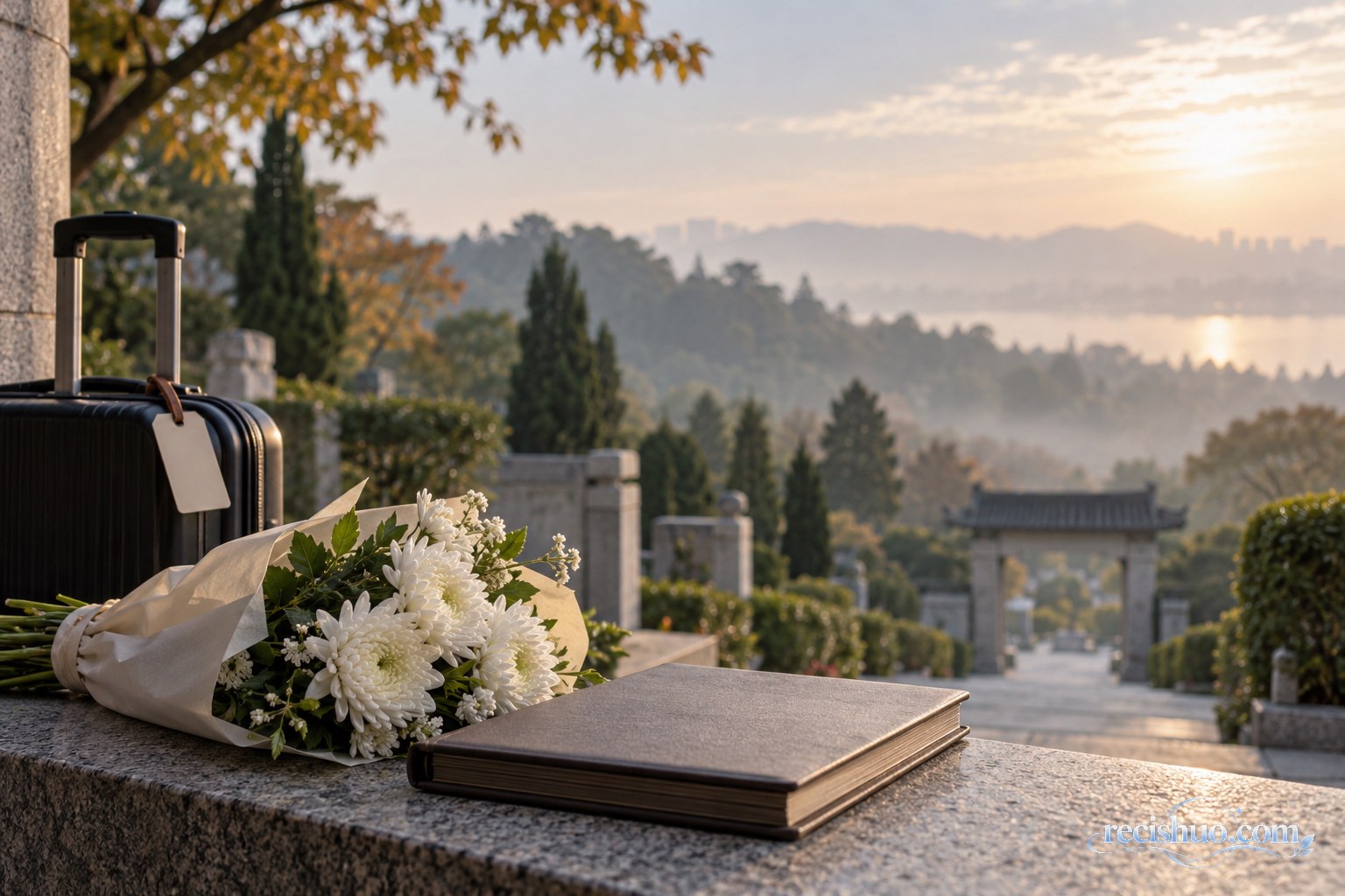 秋日晨光中的江南墓园石径,白菊、纪念册与旅行箱共同表达跨地域告别