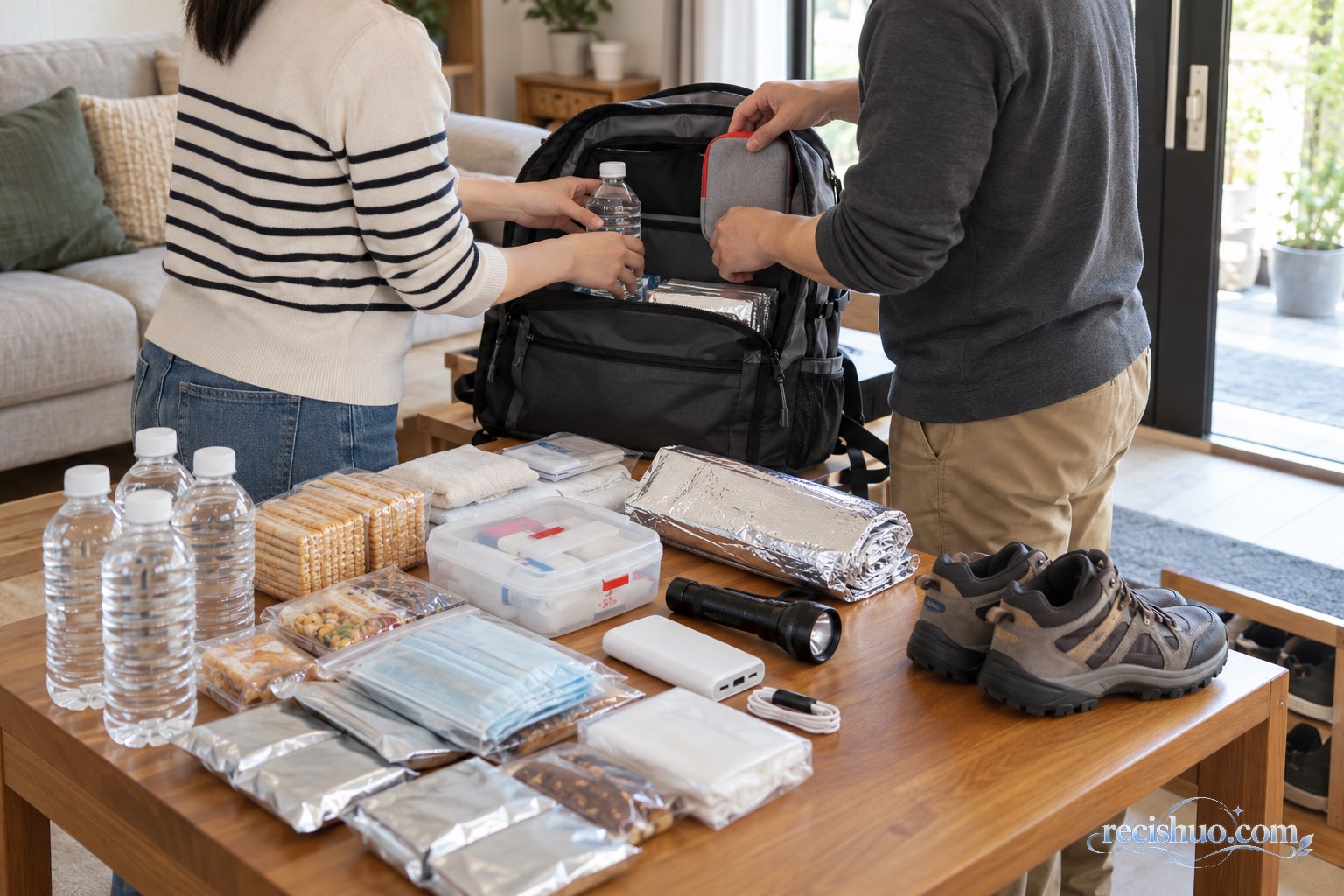 两名家庭成员在客厅整理饮水、食品、急救用品和手电筒等应急物资