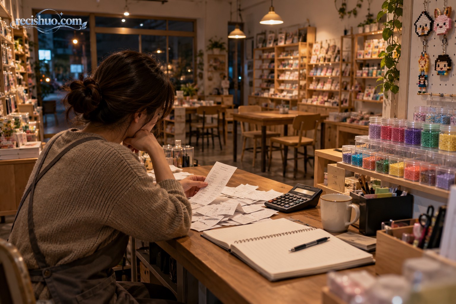 客流减少的拼豆体验店内摆放着大量彩色拼豆材料,店主独自在柜台整理物品