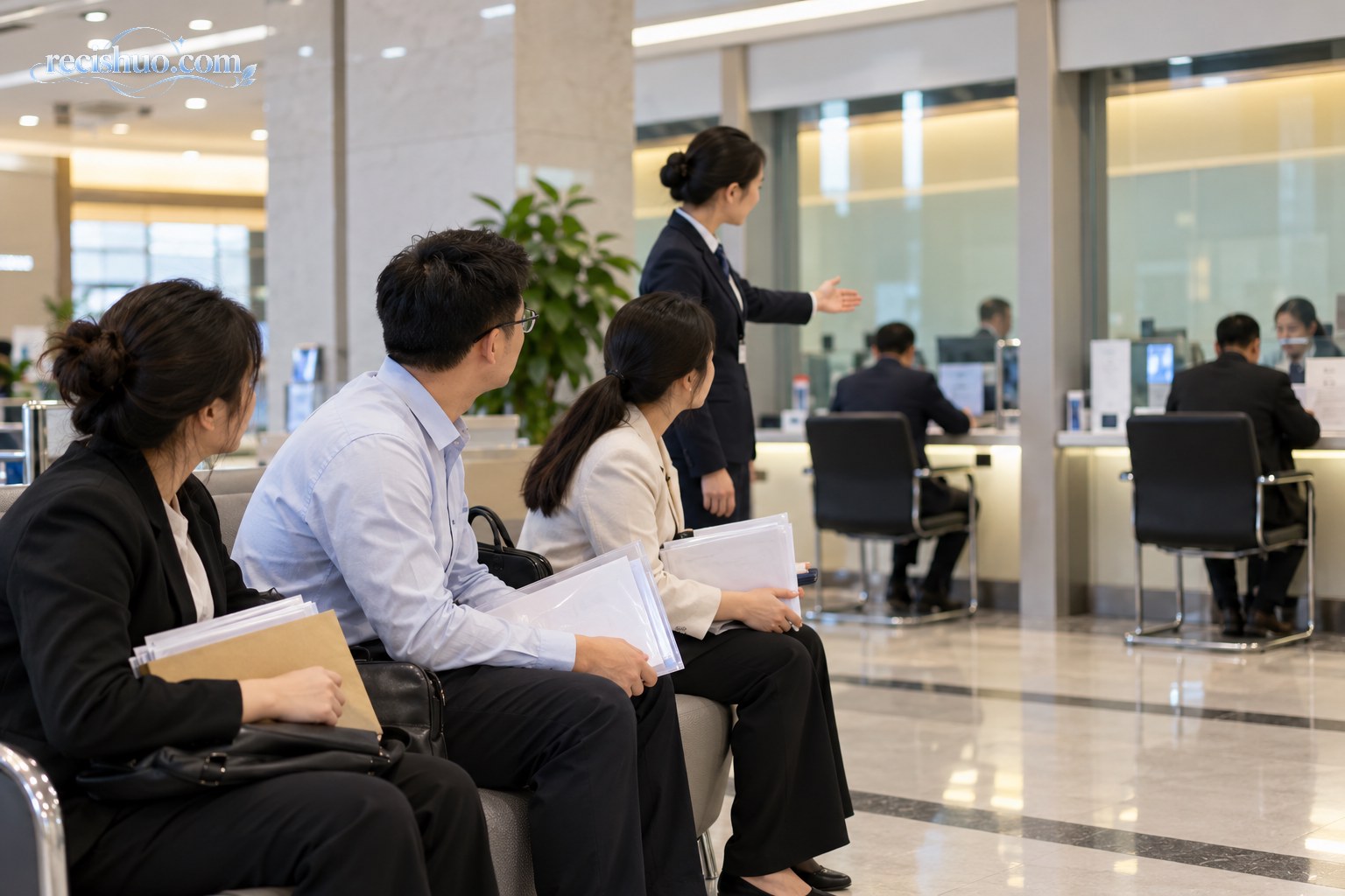 多名企业经办人员携带材料在银行营业厅等候办理业务